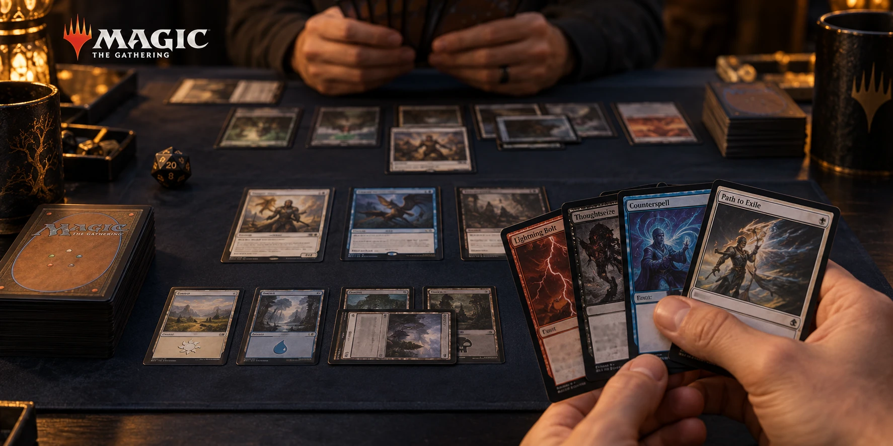 Magic: The Gathering 万智牌对局主题插画：手持卡牌与桌面对战布局
